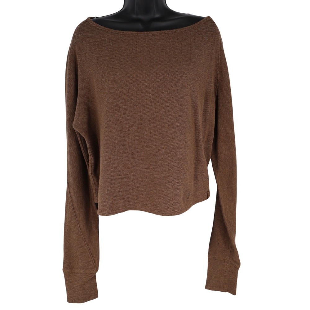 Free People We The Free Jess Long Sleeve Top M Coco Brown Thermal Boat Neck Crop